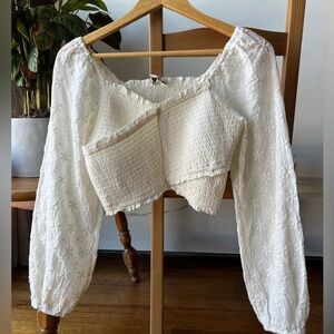 American Eagle Outfitters Cream Smocked Cropped Blouse